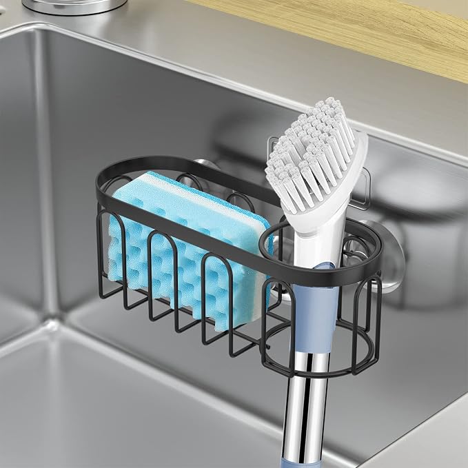 2-in-1 Sponge Holder for Kitchen Sink, Sink Caddy Kitchen Sink Organizer with 3 Suction Cups, No Drill Rustproof Sink Sponge Holder for Dish Brush, Soap & Sponge (Black)