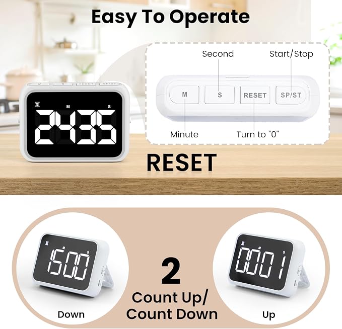 USB Rechargeable Loud Digital Kitchen Timer with Large LCD Display & Adjustable Loud Alarm - Ideal Magnetic Timer for Desk or Kitchen