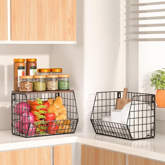 Wawocs Fruit Basket for Kitchen Counter 2 Tier Fruit Bowl, Stackable Wall Mounted Hanging Fruit Basket Wire Baskets with Wood Lid with 4 Banana Hanger Hooks, Onion Basket, Fruit and Vegetable Storage
