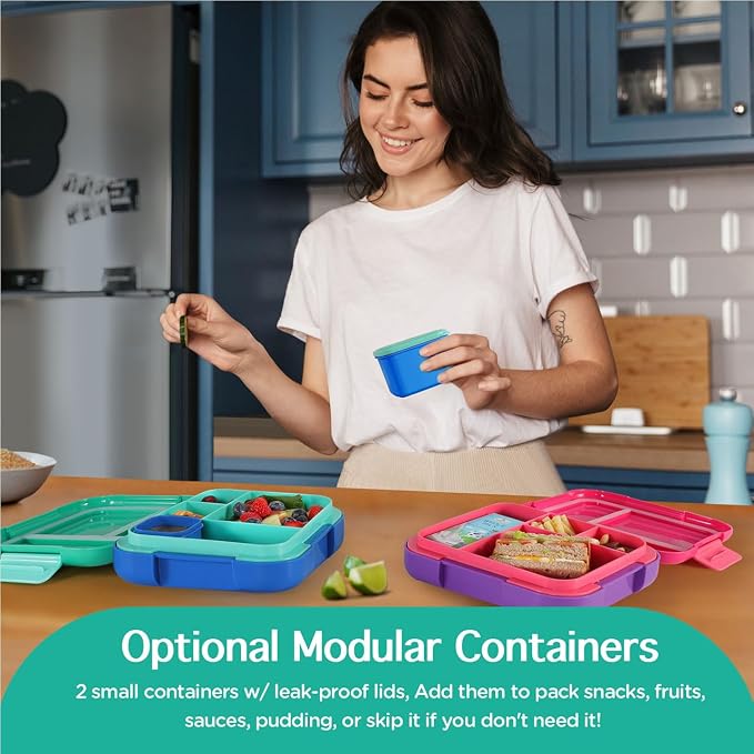 Caperci Bento Box for Kids Age 4-8 - 4.8 Cups Lunch Box with 2 Modular Containers - 4 Compartments Lunch Container, Leak-Proof, Portable Handle, Microwave/Dishwasher Safe (Jungle Green/Blue)