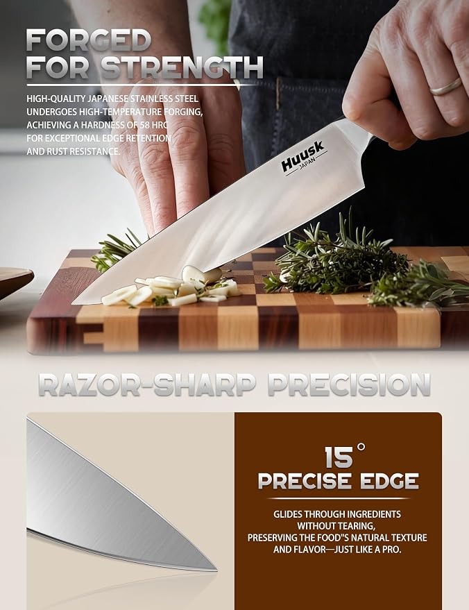 Huusk Knife Set with Block - Chef Knife with Natural Block Ivory White 14PC | Japanese Stainless Steel, Long-lasting Edge, All-in-One for Daily Use, Housewarming Gift for Women Men