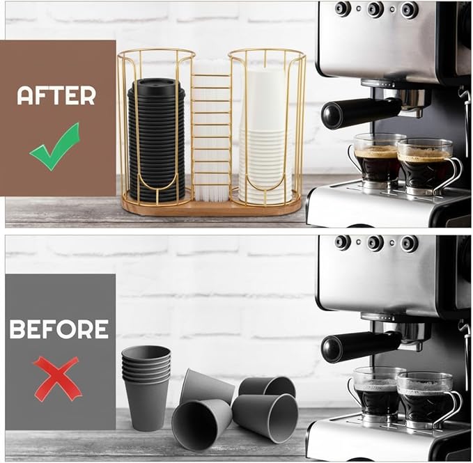 18oz Adjustable Coffee Cup Dispenser with Wooden Base, Cup and Lid Holder, Cups Holder Organizer for Coffee Pod Straw and Lid Storage(3-compartment Single,Color 2)