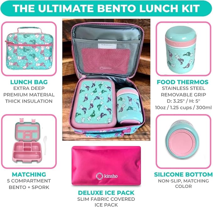 kinsho Bento Lunch Box Set with Thermo Bag & Ice Pack Pink Aqua Cat Mermaid | 5 Compartments, Removable Tray, Small Meal Snack Container for Kids Toddlers, Daycare Pre-School Kindergarten, Steel Food Jar