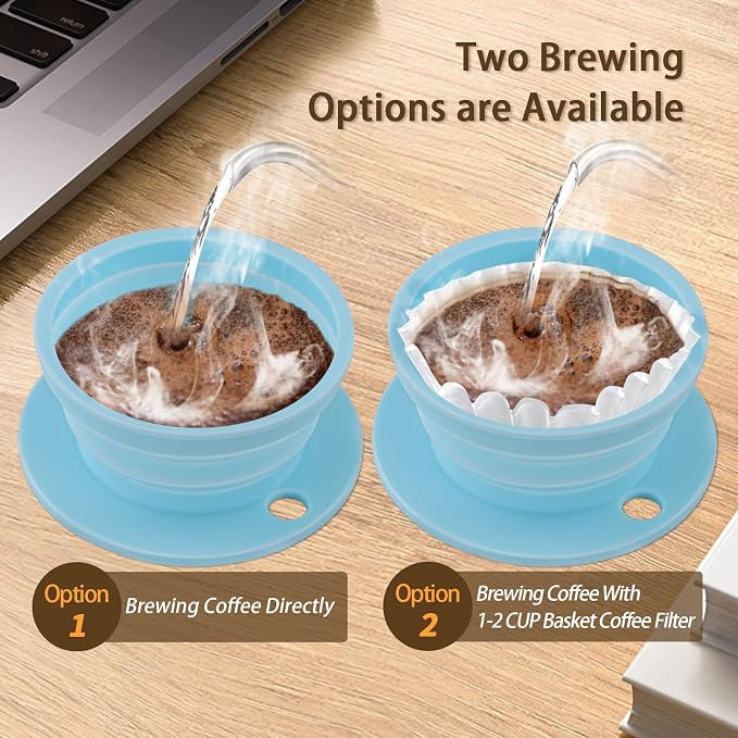 Collapsible Pour Over Coffee Dripper Single Cup, Paperless Travel Pour Over Coffee Maker Camping, Drip Coffee Maker with Reusable Metal Filter (Blue)