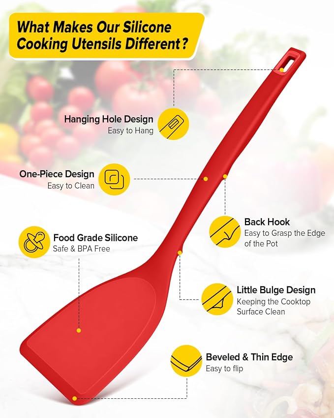 Pack of 4 Silicone Cooking Utensils Set, Non Stick Solid Spatulas and Heat Resistant Slotted Spoons with Back Hooks, Ideal BPA Free Kitchen Utensils Set for Frying,Serving,Turning,Stirring (RED)