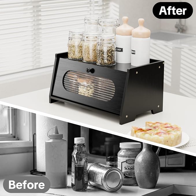 Black Bread Box for Kitchen Countertop,Large Capacity Kitchen Countertop Organizer,Bread Storage with Acrylic Window for Cabinet,Pantry,Cupboard