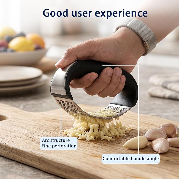 Garlic Press Rocker Set – Stainless Steel Garlic Crusher, Mincer with Peeler & Scraper, Quick & Easy Garlic Smashing