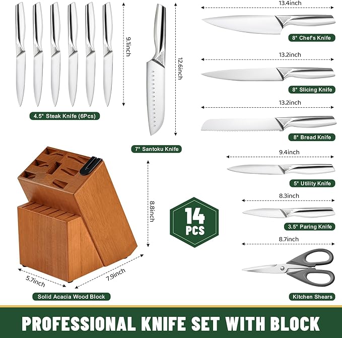 Knife Set, EWFEN 14-Piece Kitchen Knife Set with Block, German Stainless Steel Knives with Built-in Knife Sharpener, Anti-Slip Sharp Knives Set for Kitchen, Dishwasher Safe, Concave-dotted Handle