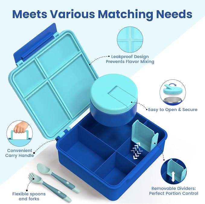 LOHASOK Bento Lunch Box for Kids with 8oz Soup Thermo,Blue | 4-Compartment, Leak-Proof Lunch Containers with Insulated Food Jar and Silicone Foldable Spoon Fork