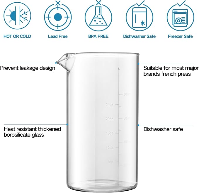 YMMIND Standard Universal Design 34 oz French Press Replacement Glass Beaker, Fits Most Brands French Press Coffee Makers (1Quart / 1000ml / 5-6 Cup) Coffee Press Borosilicate Glass Bottle