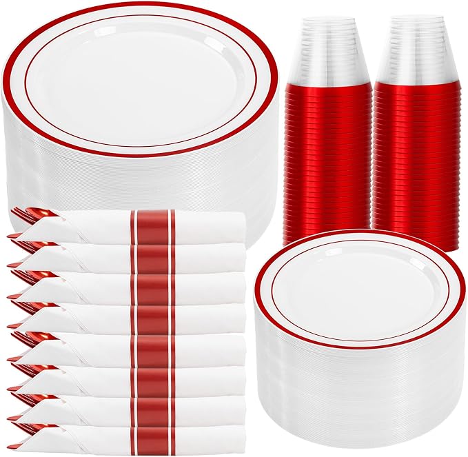DaYammi 350PCS White and Red Plastic Dinnerware Set for 50 Guests, Fancy Disposable Plates for Party, Include: 50 Dinner Plates, 50 Dessert Plates, 50 Pre Rolled Napkins with Red Silverware, 50 Cups