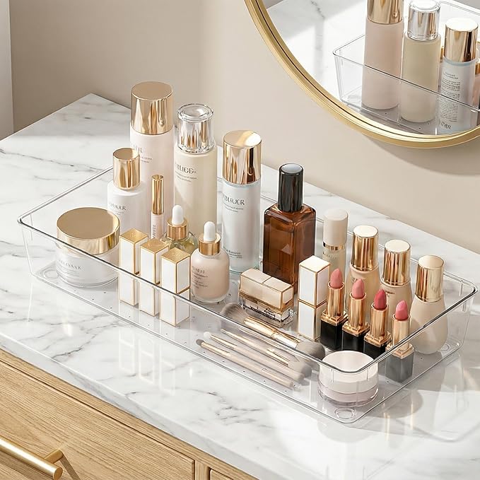 Manalete 8 Pcs Large Clear Plastic Drawer Organizer,15"x6" Vanity Organizer | Durable Clear PET Storage Bins Tray for Desk, Makeup, Kitchen & Bathroom, Office, Tools, Easy Clean, Stackable, BPA-Free