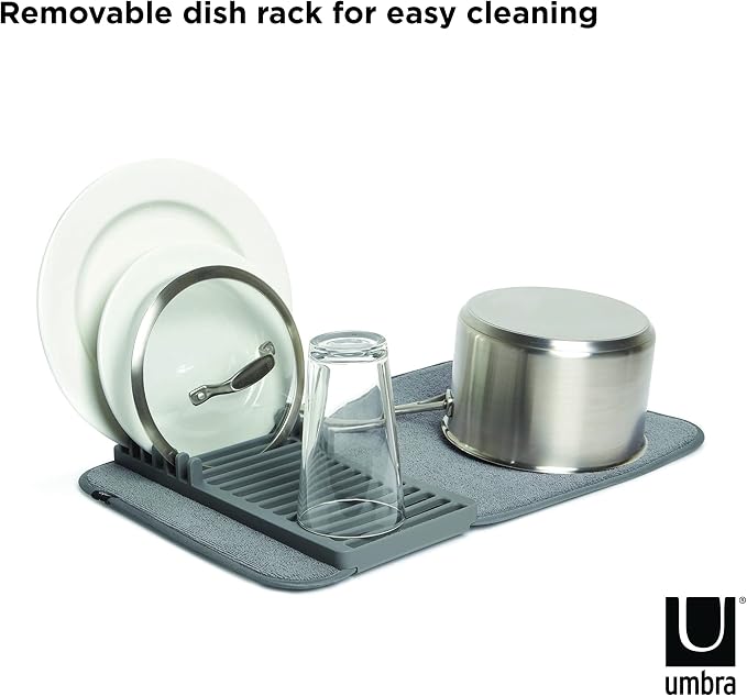 Umbra Udry Dish Drying Rack, Folding Dish Drainer Mat, Mini, Dark Grey | Absorbent microfiber base, removable tray, dishwasher safe, compact storage, BPA-free plastic