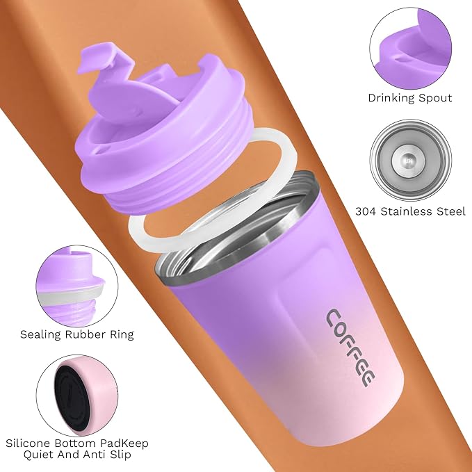 SPLMIFA Travel coffee mugs leak-proof,coffee cups with lids, stainless steel vacuum insulated coffee tumblers, thermal insulation cups for men & women keep drinks hot & cold(2nd-Purple Pink, 17OZ)