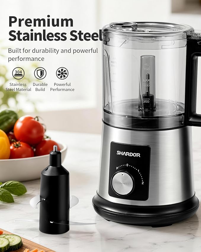 SHARDOR Electric Food Processor, 4 Cup Food Chopper with 3 Speed Settings (Pulse + Hands-Free 1&2), 400W Powerful Motor, 4 Bi-Level Blades and Whisk Attachment, BPA-Free, Stainless Steel