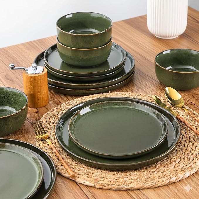 AmorArc Stoneware Dinnerware Sets for 8, 24Pcs Plates and Bowls Sets Dishes | Ceramic Round Reactive Glaze Dishes Set, Highly Scratch Resistant | Dishwasher & Microwave Safe Dishware