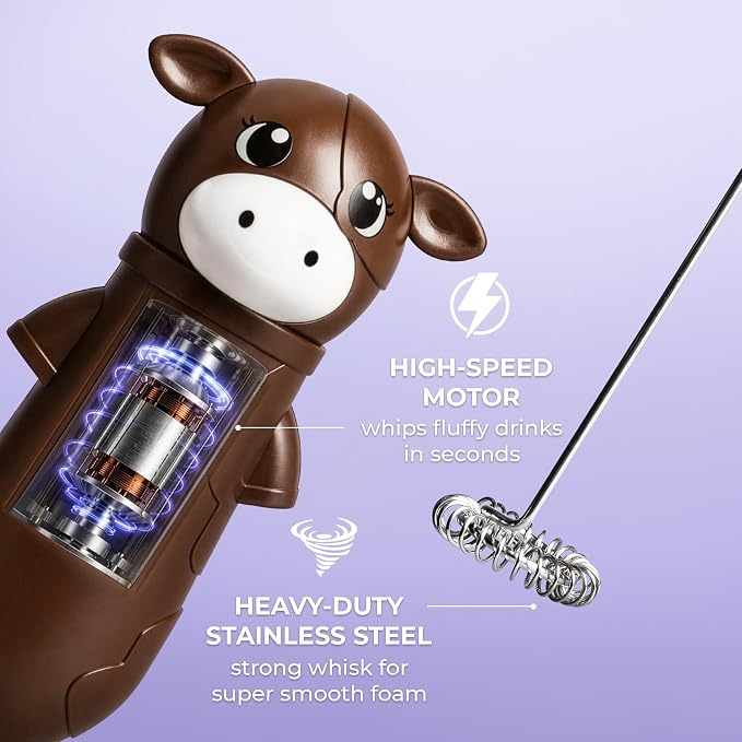 Zulay Kitchen Cow Milk Frother Wand – Cutesy Frother, Meet Your New Frothing Buddy Chocolate The Cow, Adoption Papers and Stickers Included, Purrr-fect for Lattes, Cappuccino & Matcha – Brown