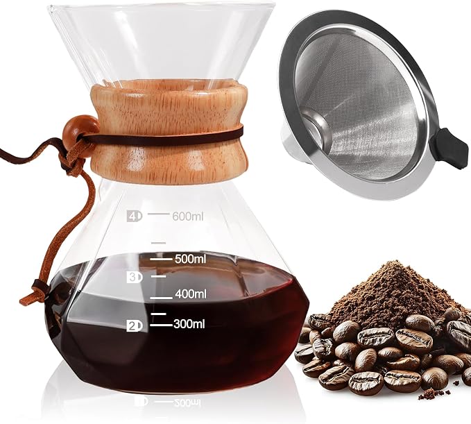 Pour Over Coffee Maker 600ml with 304 Stainless Steel Filter Wooden Collar Holder Borosilicate Glass Drip Coffeemaker Server Set Clear Hand Brew Dripper Carafe for Home Camping Travel 20.3oz