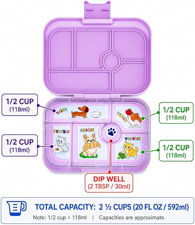 Yumbox Original Leakproof Bento Lunch box - Ami Purple | 5 Compartments + Dip Well, Easy-Open Latch, Just Right Portions, Removable Illustrated Tray Cats & Dogs