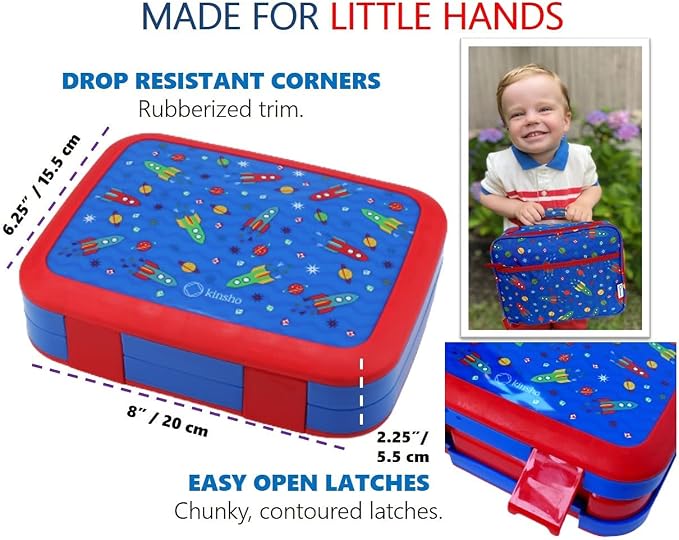kinsho Kids Bento Lunch Box, Bottle, Ice Pack & Bag, Blue Red Space Rocket | 5 Leakproof Portion Compartments, BPA-Free Removable Tray, Insulated Meal, Snack Container for Toddlers, Pre-School & Daycare