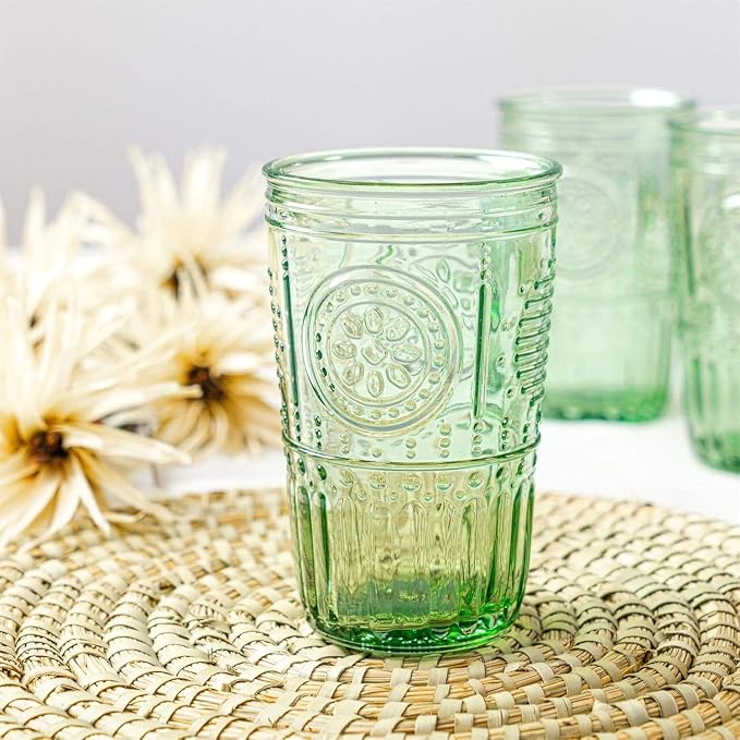 Bormioli Rocco Romantic Set Of 4 Cooler Glasses, 16 Oz. Colored Crystal Glass, Pastel Green, Made In Italy.