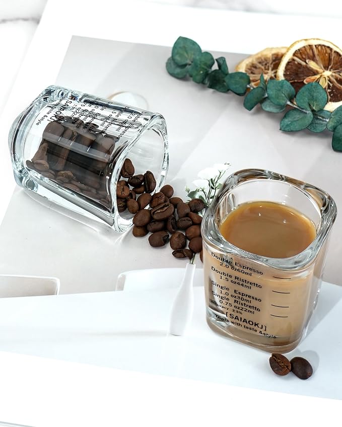 Shot Glass Measuring Cup Set, 2 Pack 2 Oz Square Espresso Glasses (Black) | Square glass measuring cups feature oz, ml, tsp and tbsp markings for espresso, liquor, medicine, desserts and recipes