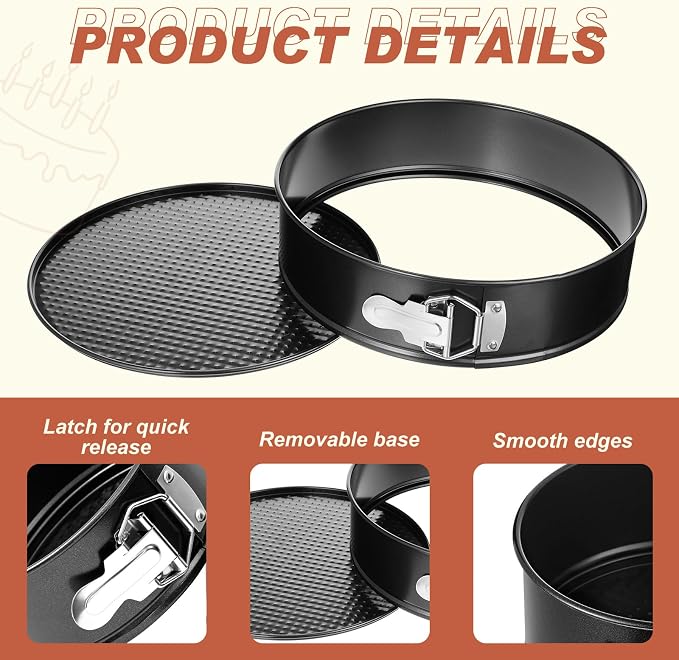 Funnymoom 4 Pcs 10 Inch Non Stick Springform Pan with Removable Bottom Carbon Steel Round Springform Cheesecake Pan with Stainless Steel Spring Buckles for Baking Kitchens Restaurant(Black)
