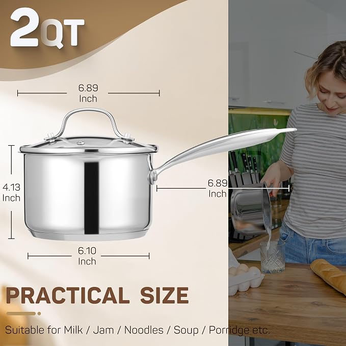 Ciwete 2 Qt Stainless Steel Saucepan with Glass Strainer Lid, 2 Quart Pot Stainless Steel Sauce Pan with Pour Spout, Mirror Polishing, Compatible with All Cooktops Dishwasher Safe Oven Safe