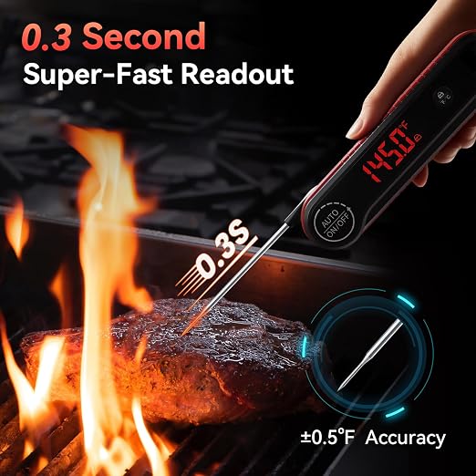 0.3s Instant Read Meat Thermometer, IP67 Waterproof (Red) | Rotating Display, Calibration Function, Ideal for Grill, BBQ, Frying and Kitchen Cooking