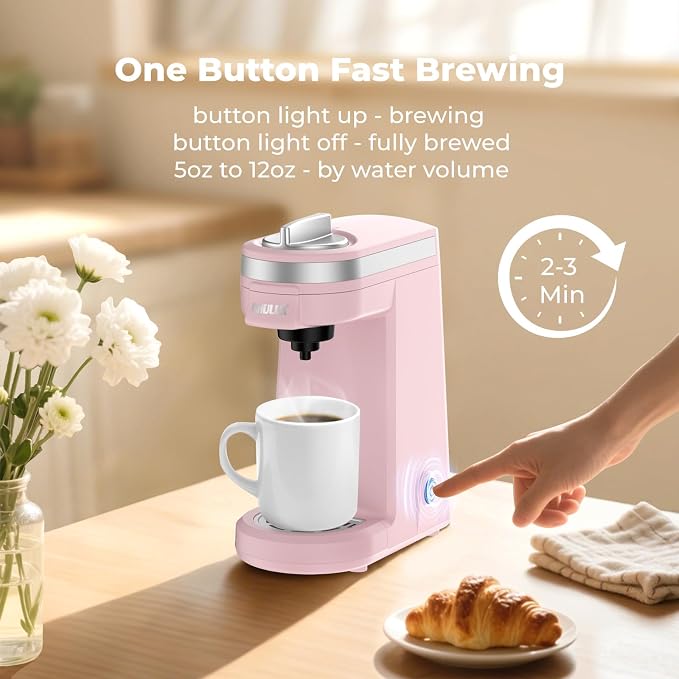 CHULUX Mini Single Serve Coffee Maker for K Cup, Fast Heating, Dusty Rose | Fast-Heating Boiler System, Single Cup Brewing, Portable Compact Design, Four-Hole Multi-Stream Needle, Adjustable Drip Tray