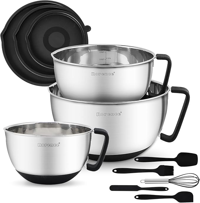 Stainless Steel Mixing Bowls: Metal Mixing Bowl Set with Lids and Handles Non-slip Silicone Bottom Nesting Bowls for Kitchen Set of 3 - Black