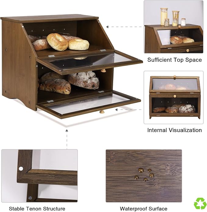HOMEKOKO Double Layer Bread Box, Wooden Bread Storage Bin, Brown | Keeps Bread Fresh 3-4 Days, Large Capacity Fits 2+ Loaves, Suitable For Home Kitchen Food Storage Use, See-Through Window