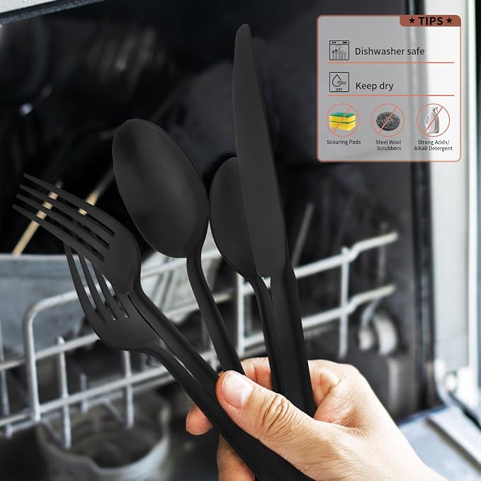 Alata Potter Black 40-Piece Forged Silverware Set, Service for 8, Stainless Steel Flatware Set, Modern Design with Satin Finish, Ideal for Home, Kitchen, Party, Camping