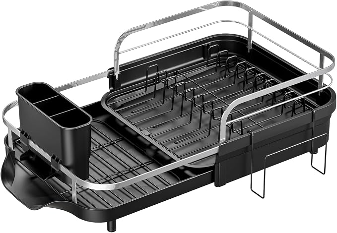 Expandable Stainless Steel Single Tier Dish Drying Rack, Auto Drain Dish Drainer for Kitchen Counter with Rotatable Multi-Slot, Drainboard, Utensil & Cutting Board Holder, 15"-22.4" Adjustable Length