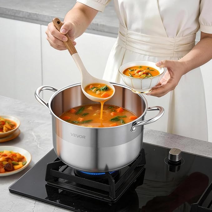 VEVOR Stainless Steel Stock Pot, 8QT Stainless Steel Stockpot with Glass Lid, PFOA-Free, PFAS-Free, Compatible with Gas Stoves, Induction Cooktops, Electric Stoves, for Soups, Stews, and Pasta
