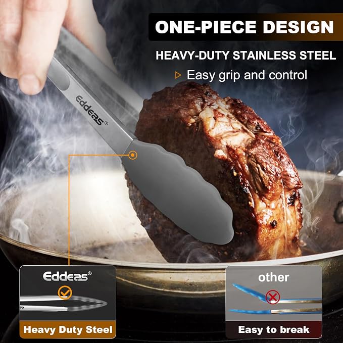 Kitchen Tongs Up To 600°F Silicone Tongs for Cooking 7,9,12 in Grey | Heat Resistant 600 Degrees,Heavy Duty Stainless Steel Locking Tong for Cooking with Silicone Tips Non-Stick Grey