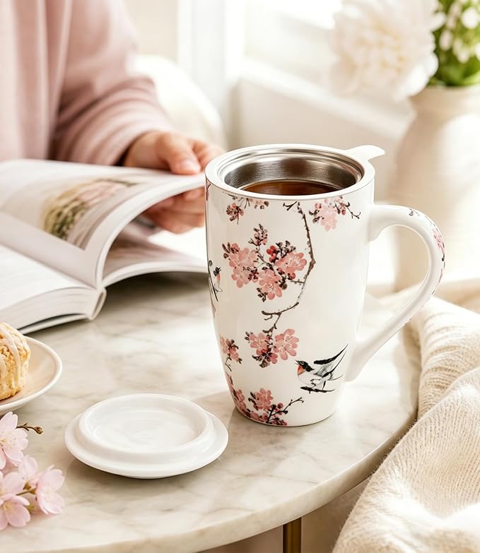 AmorArc Tea Cup With Infuser and Lid, 18oz Loose Leaf Tea Mug With Steeper | Porcelain Tea Mug With Infuser and Lid, Strainer Tea Cup for Tea Lovers, Home & Office, Housewarming Birthday Gift