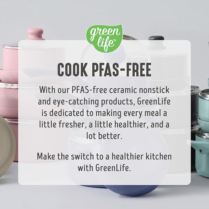 GreenLife 16pc Ceramic Nonstick Pots & Pans Cookware Set, Sage Green | PFAS-Free Nonstick Coating, Stockpot, Frying Pans, Saucepan, Sauté, Induction Ready, All Stovetop Compatible, Dishwasher Safe