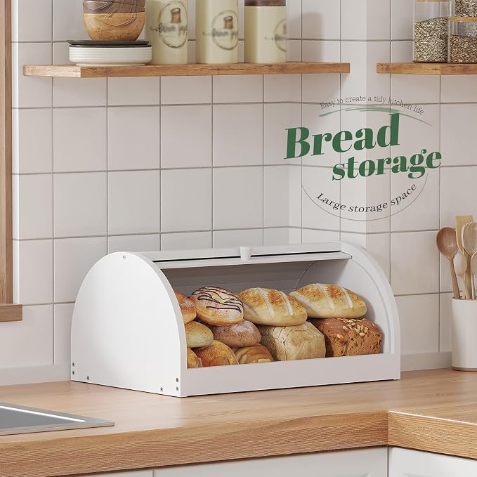 STDDRE Corner Bread Box for Kitchen Countertop Roll Top Bread Box Kitchen Food Storage Box for Homemade Bread Bread Holder for Kitchen Counter Pantry Shelf (White)