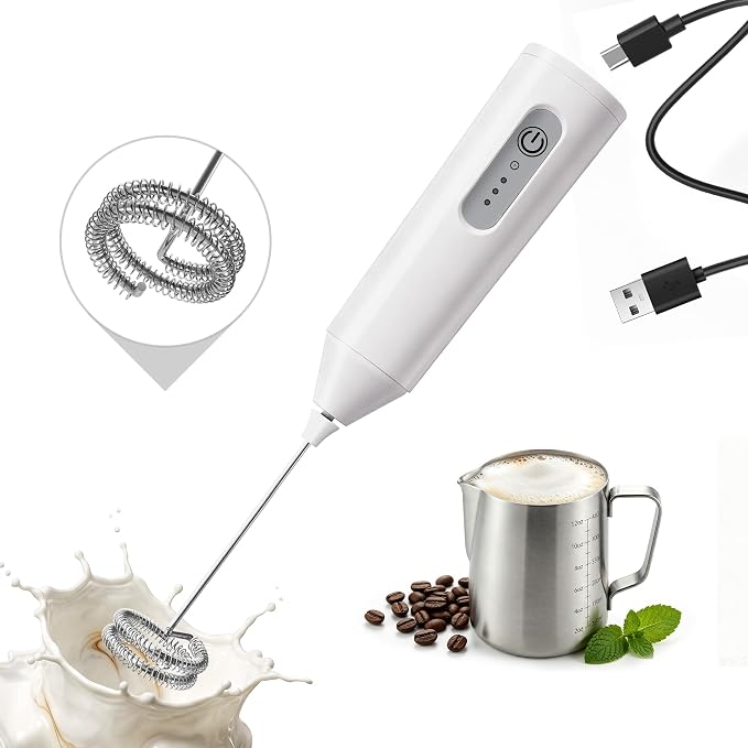 Puraville Rechargeable Electric Milk Frother Handheld, White | 3 Speeds Electric Whisk Drink Mixer, Type-C Charging BPA Free for Coffee, Latte, Cappuccino, Egg