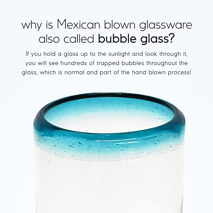 Aqua Blue Rim 9 oz Juice Glasses (set of 6) Mexican Handmade Glassware, Recycled Glass, Lead-free, Toxin-Free (Juice)
