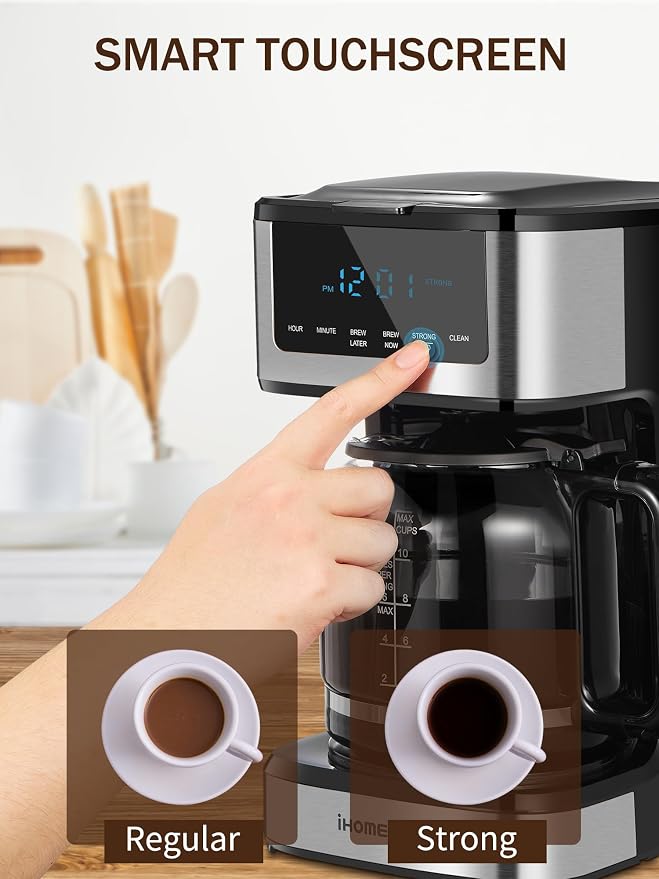 Ihomekee Coffee Maker, Programmable Drip Coffee Machine 12 Cup | Regular & Strong Brew Model, Iced Coffee Function for Home and Office, Black & Stainless Steel (Black,Silver)