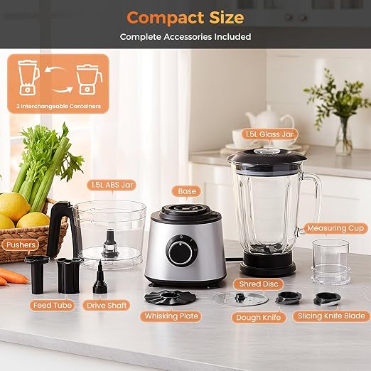 Sweetcrispy Food Processor Blender Combo for Vegetable, Dough, Electric Food Processors Slicing, 6 Cup Chopper for Meat, Puree, 2 Speeds, Sharp Blades, Safety Lock with 1.5L Glass Jar