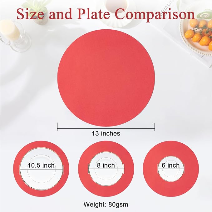 SHACOS 100 pcs Christmas Disposable Round Paper Placemats 13 inch Colored Paper Place Mats for Wedding Birthday Party Bridal Baby Shower Table Decoration, Red