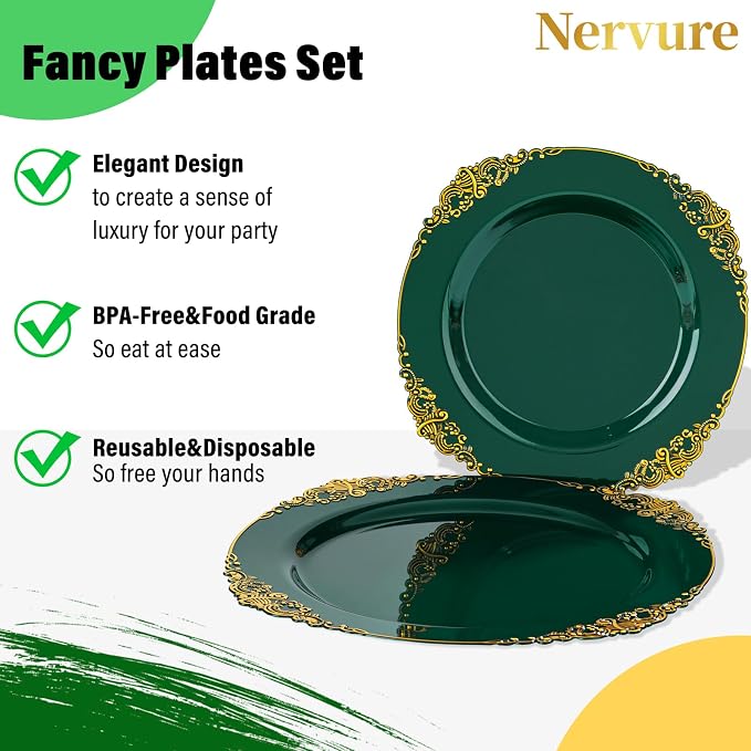 Nervure 175Pcs Green Plastic Plates, Disposable Party Plates for 25 Guests | 25 7.5" Dessert & 25 10.25" Dinner Disposable Plates, 75 Gold Cutlery, 25 9oz Cups, 25 Napkin for Wedding & Party, BPA-free