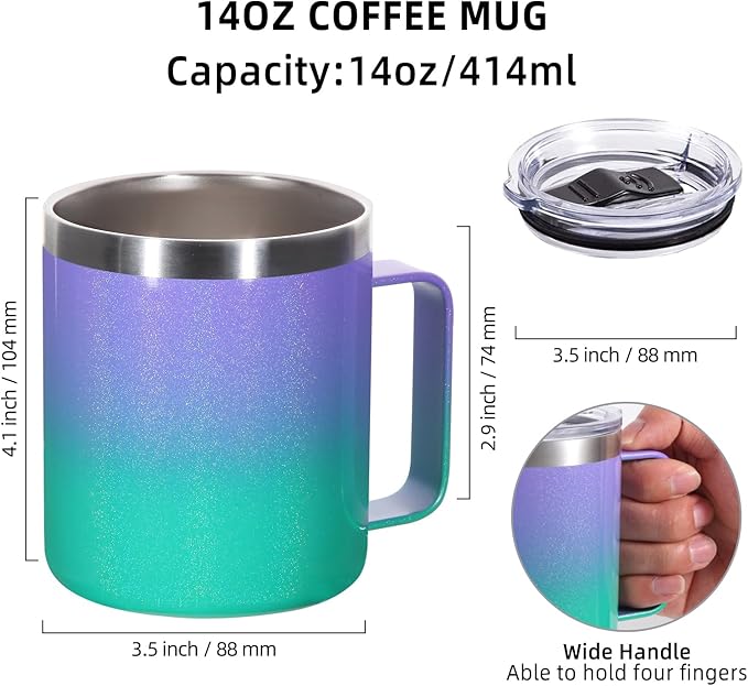 Volhoply 14oz Insulated Stainless Steel Coffee Mug with Lid Bulk 2 Pack,Double Wall Vacuum Travel Coffee Cup with Handle,Reusable Cups Tumbler,Camping Mugs Keep Hot,Ideal Gifts(Purple Green,2)