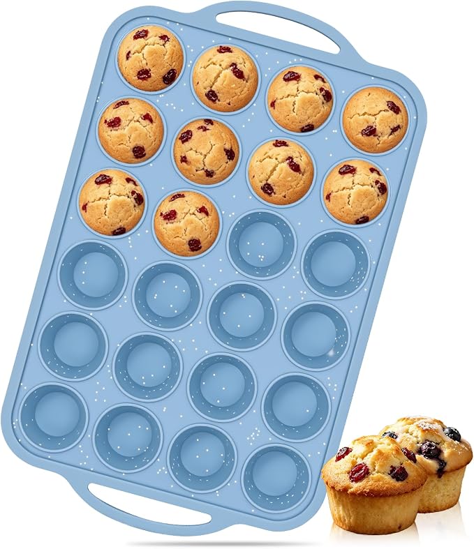 Mini Cupcake Pans, Metal Reinforced Frame Silicone Mini Muffin Pan 24 Cups | 1 Pack, with Handle, BPA Free, Nonstick, Oven Dishwasher Safe, Food-Grade Silicone, Heat-resistant: -104°F to 446°F