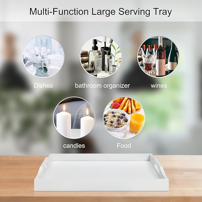 RRX Bamboo Food Serving Tray with Handles,Breakfast Bed Tray (White) | Wood Tray for Tea, Snack, Dinner, Home Decorative Storage Food, Platter, Ottoman for Kitchen Counter, Bathroom, Restaurant