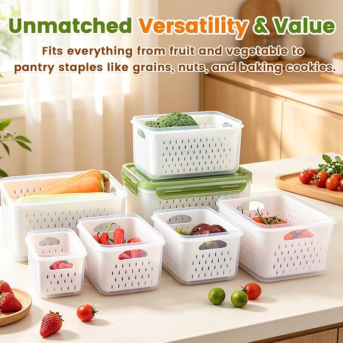 TBMax 8 Pieces Airtight Fruit Storage Containers for Fridge with Air Circulation Vent, 4 Pack Produce Saver with Colander for Berry Lettuce Salad Vegetable Storage, Refrigerator Organizers -Purple