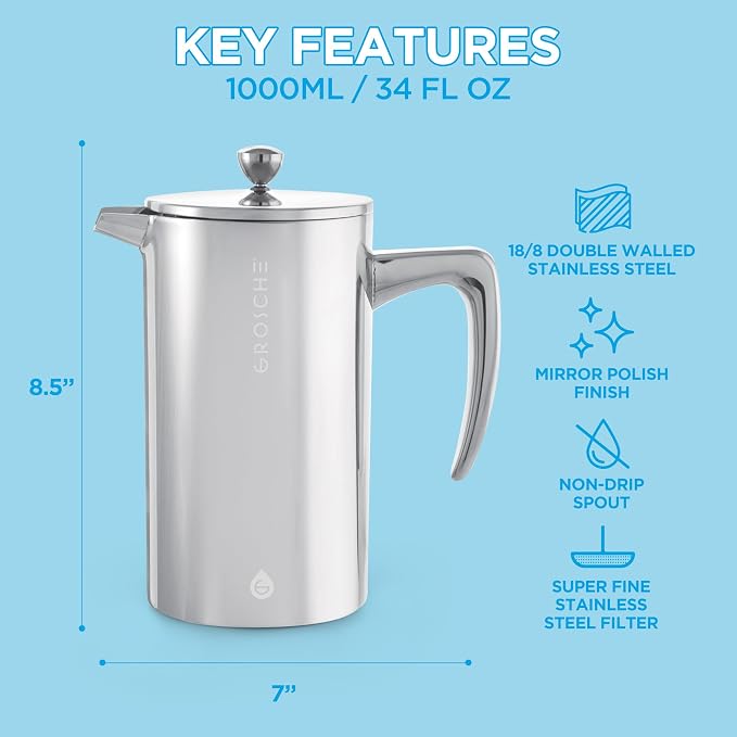 GROSCHE Dublin Double Wall Stainless Steel French Press, 8 Cup, 34 oz | Fine-Mesh Filter Reduces Grit, Insulated Body Retains Heat, Dishwasher-Safe Parts Simplify Cleanup for Daily Hot or Cold Brew
